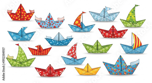 A whimsical collection of colorful paper boats, each uniquely designed with playful patterns and vibrant hues, floating together in a delightful display