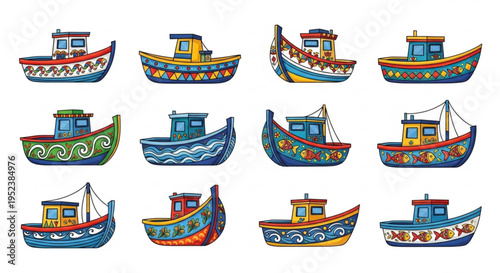 Collection of diverse and vibrantly decorated boats, each with unique designs and patterns, showcasing a variety of nautical art and craftsmanship