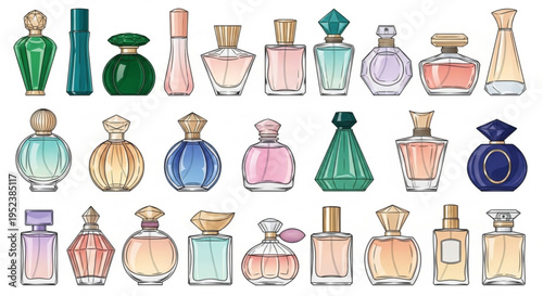 Collection of assorted perfume bottles in various shapes, sizes, and colors, showcasing elegant and stylish fragrance containers on a white background