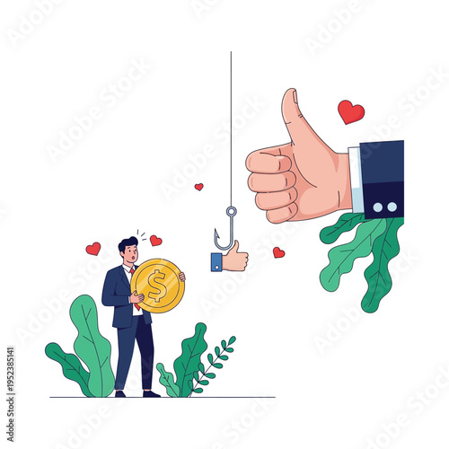 A man holding a coin is tempted by a fishing rod with a heart
