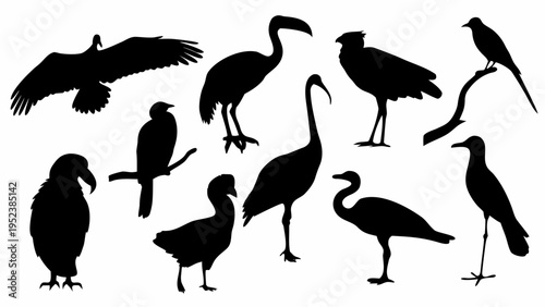 Black silhouette icons of various bird species including eagle owl pigeon and more on white background