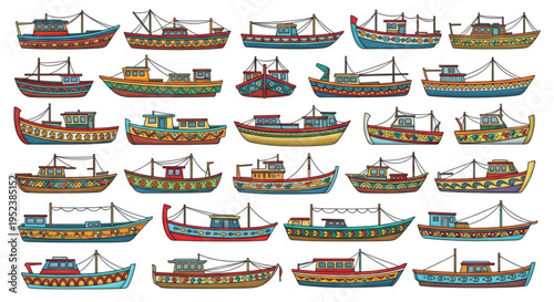 Collection of colorful illustrated traditional boats, showcasing diverse designs and maritime heritage