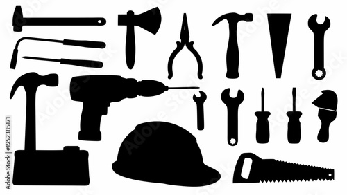 Black silhouette icons of various construction tools and equipment on white background