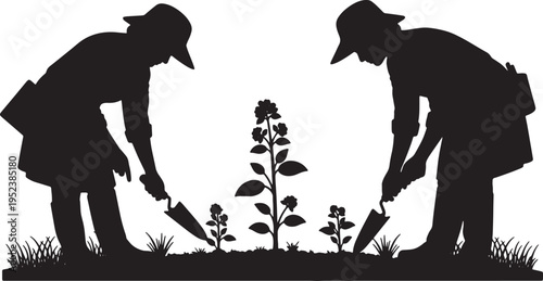 Black Solid Botany Plant Scientist Silhouettes Set of Six on White Background