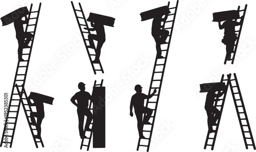 Black Solid Bricklayers Spreading Cement Mortar Silhouettes Set of Six on White Background