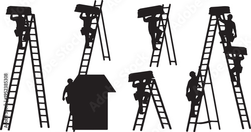 Black Solid Bricklayers Spreading Cement Mortar Silhouettes Set of Six on White Background