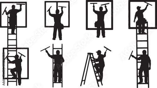 Black Solid Building Window Washer Silhouettes Set of Six on White Background
