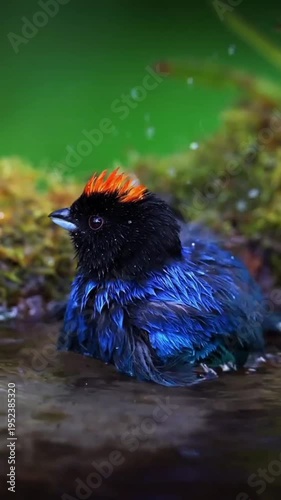 A vibrant blue and black bird with a striking orange crest vigorously splashes in shallow water, creating tiny droplets as it thoroughly bathes itself, showcasing its beautiful plumage and energetic b