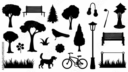 Black silhouette set of outdoor park icons including trees benches street lamps bicycle dog and grass
