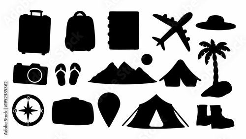 Black silhouette icons for travel and tourism including luggage airplane and landmarks on white background