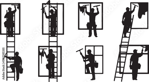 Black Solid Building Window Washer Silhouettes Set of Six on White Background