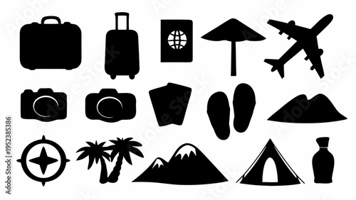 Black silhouette icons set for travel and tourism including luggage airplane camera and landmarks on white background