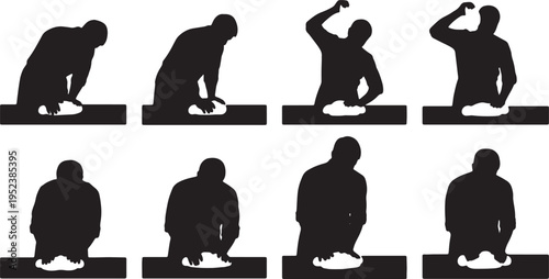 Black Solid Busy Bakers Kneading Dough Silhouettes Set of Six on White Background