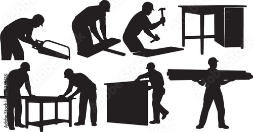 Black Solid Carpentry Woodworking Trade Silhouettes Set of Six on White Background