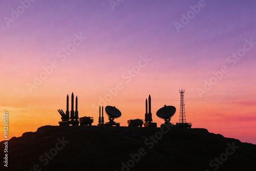 Satellite dishes and antennas on a hill at sunset with a vibrant purple and orange sky.