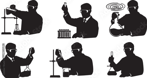 Black Solid Chemistry Lab Scientist Silhouettes Set of Six on White Background