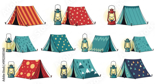 A diverse and colorful collection of illustrated camping tents, each uniquely patterned and accompanied by a warm glowing lantern, evoking the spirit of outdoor adventures and nature getaways
