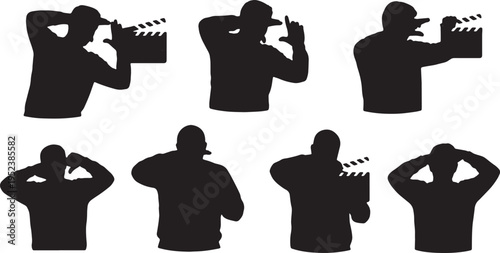 Black Solid Cinema Film Director Silhouettes Set of Six on White Background