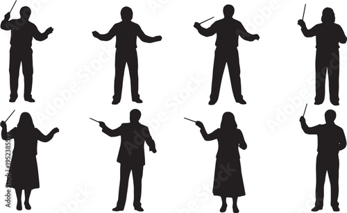 Black Solid Choir Directors Waving Arms Silhouettes Set of Six on White Background