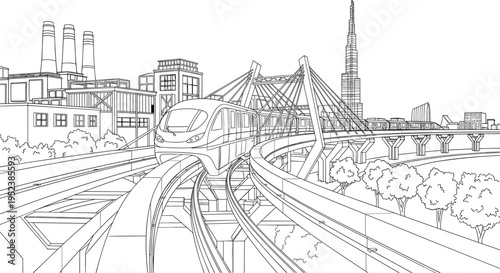 Modern city monorail train on elevated railway bridge with urban skyscrapers and Burj Khalifa vector line illustration.