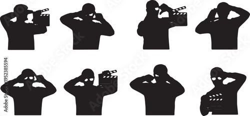 Black Solid Cinema Film Director Silhouettes Set of Six on White Background