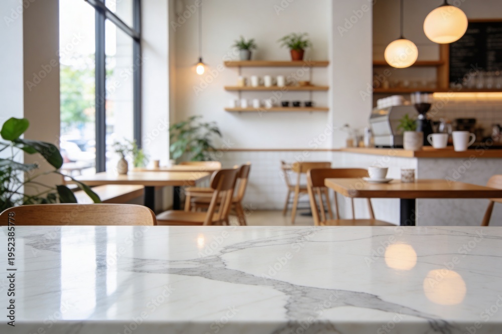 Obraz premium Interior of a modern café with marble counter and wooden furniture