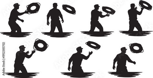 Black Solid Coast Guard Officers Tossing Rings Silhouettes Set of Six on White Background