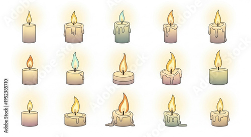 Collection of lit candles with melting wax and flickering flames, various designs and colors on a white background, symbolizing warmth and light