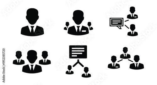 Set of 6 black business people and organization vector icons for corporate structure and team management