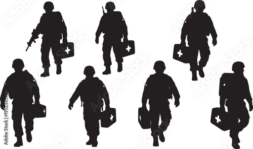 Black Solid Combat Medics First Aid Silhouettes Set of Six on White Background