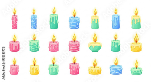 Charming array of whimsical cartoon burning candles, rendered with colorful dripping wax, ideal for adding warmth and light to festive illustrations, celebrations, and decorative designs