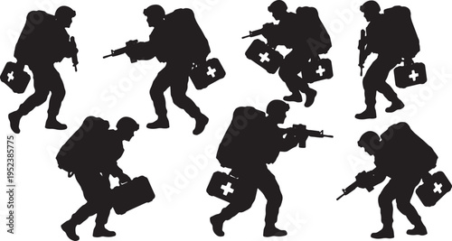 Black Solid Combat Medics First Aid Silhouettes Set of Six on White Background