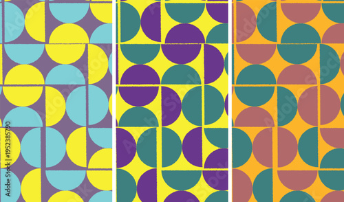 Set of seamless abstract geometric patterns. Modern backgrounds with interlocking circles and semicircles in three vibrant color variations