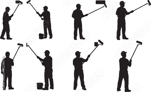 Black Solid Commercial Painters Rolling Paint Silhouettes Set of Six on White Background