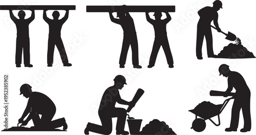 Black Solid Construction Worker Site Silhouettes Set of Six on White Background