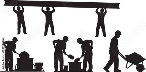Black Solid Construction Worker Site Silhouettes Set of Six on White Background