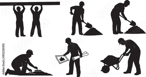Black Solid Construction Worker Site Silhouettes Set of Six on White Background