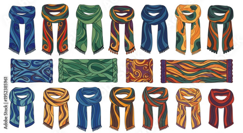A vibrant collection of artistically designed scarves featuring intricate patterns and a spectrum of warm and cool colors