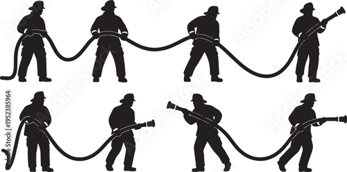 Black Solid Courageous Firemen Dragging Hoses Silhouettes Set of Six on White Background