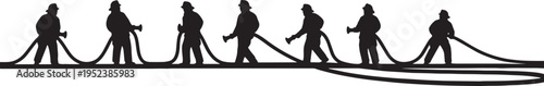 Black Solid Courageous Firemen Dragging Hoses Silhouettes Set of Six on White Background