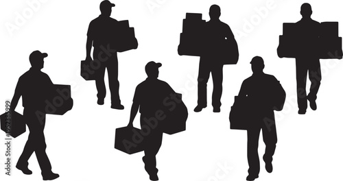Black Solid Courier Delivery Driver Silhouettes Set of Six on White Background