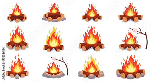 A diverse concept collection of cartoon campfires and bonfires, showcasing burning wood logs and glowing flames, ideal for illustrating outdoor adventures, camping trips, and cozy outdoor gatherings