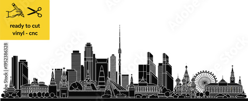Moscow city skyline silhouette vector illustration featuring Saint Basil Cathedral and Kremlin landmarks for vinyl cnc cutting.