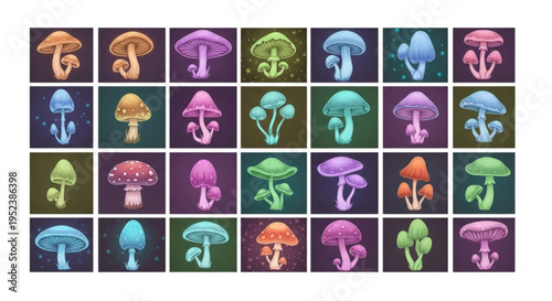 A colorful collection of various illustrated fantasy mushrooms with glowing caps on a dark background, showcasing a vibrant and whimsical array of fungi