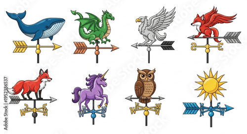 Collection of charming weather vanes depicting various animals, mythical creatures, and the sun, acting as stylish wind direction indicators