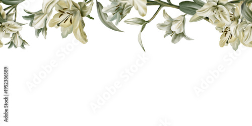 фотографія Template of seamless border of white lilies in watercolor clipart as a symbol of purity and innocence