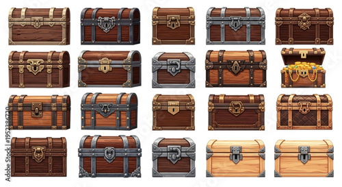 A collection of pixel art treasure chests. Diverse retro game designs in wood and metal, ideal for fantasy digital assets and adventure themes