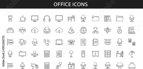 Office icons set featuring professional business equipment desk furniture corporate supplies and workspace tools in black line vector.