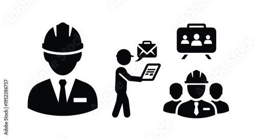 Set of 4 black flat vector icons depicting construction workers, engineers, and business professionals for industrial and corporate design projects