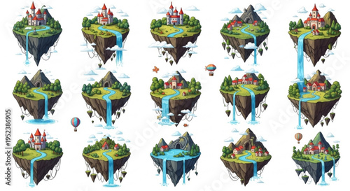 Vibrant collection of isometric fantasy floating islands featuring whimsical castles, charming villages, lush landscapes, and cascading waterfalls, perfect for game assets or magical world designs